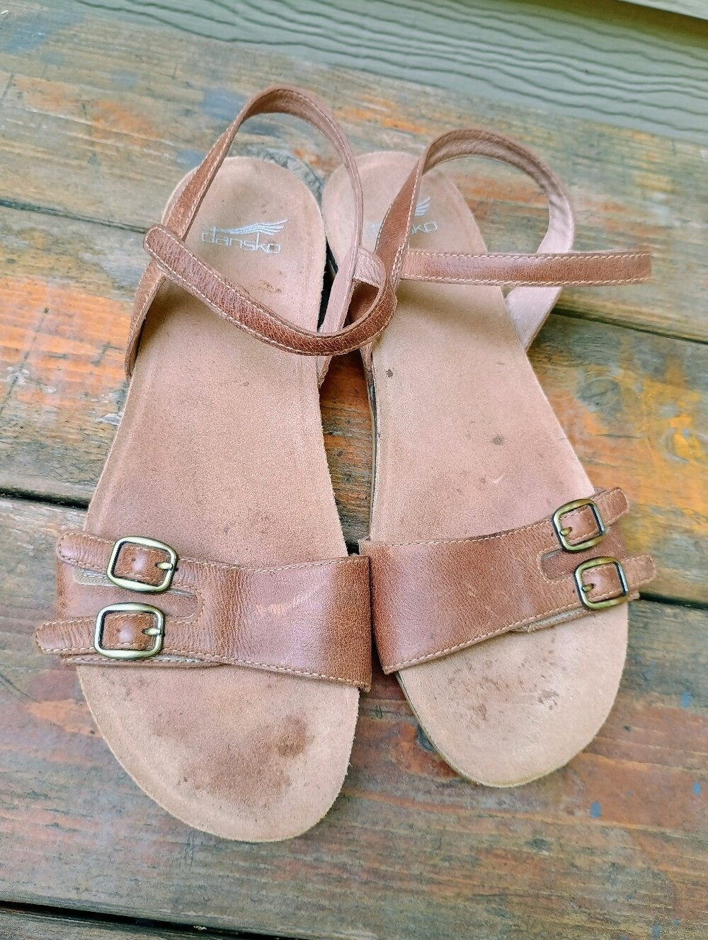 Dansko Rebekah Leather Double-Buckle Ankle-Strap Sandals Sz 42 Brown Tan